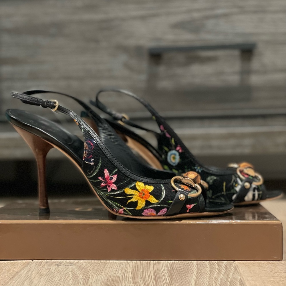 Gucci Black Floral Horsebit Bamboo Slingback Heels s
